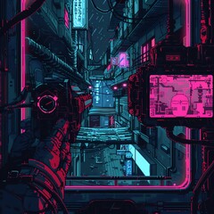 Capture the eerie glow of neon lights casting shadows of twisted robotic limbs, while the camera peers from the inside of a shattered visor Create a pixel art masterpiece with a haunting ambiance