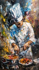 Capture the essence of a chefs intense focus with swirling, vibrant brush strokes in a traditional oil painting Enhance the drama with contrasting shadows and dynamic lighting for a striking Expressio