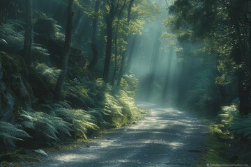 Enchanted forest path with sunrays piercing through foliage, capturing the essence and concept of mystical nature trails