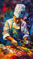 Capture the essence of a chefs intense focus with swirling, vibrant brush strokes in a traditional oil painting Enhance the drama with contrasting shadows and dynamic lighting for a striking Expressio