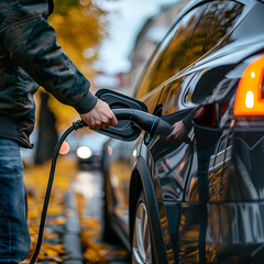 Obraz premium Midsection of man plugging in cable while charging electric car. AI generated image