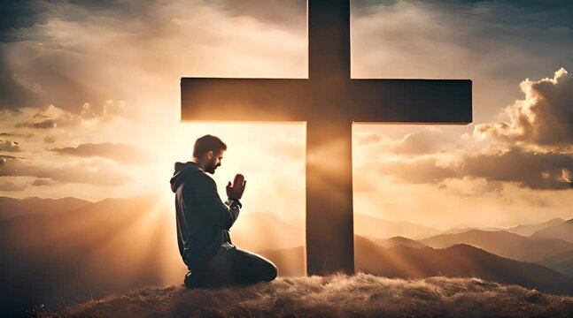 A Christian Man Praying in Front of a Cross in the Background
