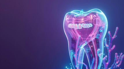 3D illustration of a tooth with roots made of glowing neon lines on a dark blue background.