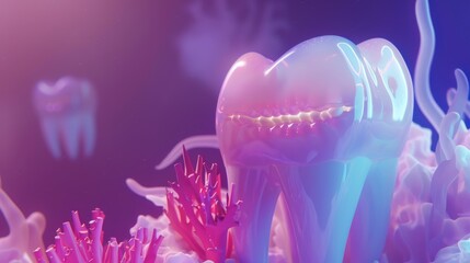 3D render of a tooth with braces made of coral. - obrazy, fototapety, plakaty
