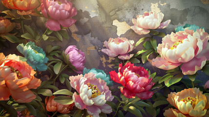 A meditation space where the calming effect of 3D peony wallpaper helps create a serene environment The colorful flowers against a muted background aid in focusing and relaxing the mind