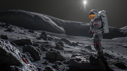 Dramatic astronaut on the moon's surface with Earth rising in the backdrop, capturing the vastness of space and human exploration