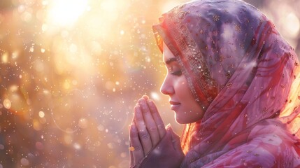 A beautiful Muslim woman is praying with a headscarf on her head. - obrazy, fototapety, plakaty