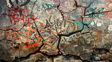A rugged surface of cracked concrete, transformed into a canvas for expressive graffiti tags, blending textures and colors into an abstract urban tapestry