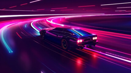 A dark purple sports car drives through a tunnel with neon lights on either side.