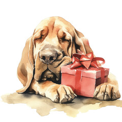 Cute Bloodhound With Gift Box In Watercolor Style - obrazy, fototapety, plakaty