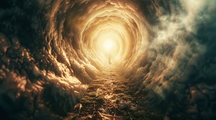 A dark tunnel with a bright light at the end. - obrazy, fototapety, plakaty