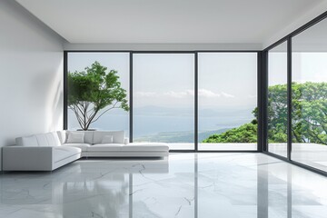 Modern Living Room with Floor-to-Ceiling Windows Overlooking Sea View Concept of minimalist design and luxury living