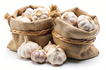 Delicious garlic in a burlap bag, cut out
 isolated transparent background