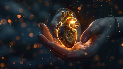 A glowing golden heart in the palm of a person's hand. - obrazy, fototapety, plakaty