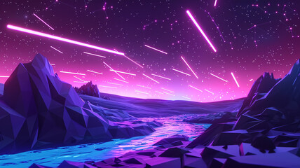 Neon shooting stars over a low poly landscape, symbolizing the rapid movement of information across the digital universe