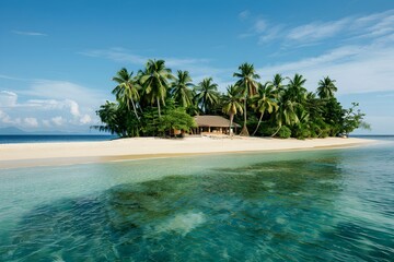 Tranquil Tropical Island Beach with Lush Palm Trees and Turquoise Waters,a Mysterious Haven for Stranded Adventurers
