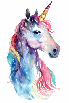 portrait of a unicorn in watercolor style. holiday birthday card