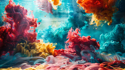 Acrylic colors bursting underwater, forming a vibrant tapestry that flows and changes with the currents, alive and dynamic. - obrazy, fototapety, plakaty