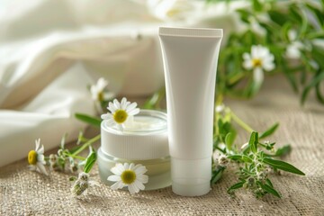 Fototapeta na wymiar Cosmetic cream and tube among plants and flowers.