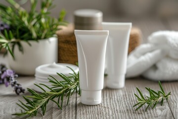 Cosmetic cream and tube among plants and flowers.