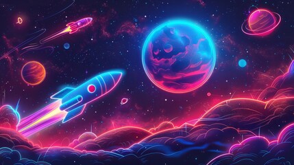 Background materials: Illustrations of Cosmic Planets and Aerospace Themes, Cyberpunk Neon Style