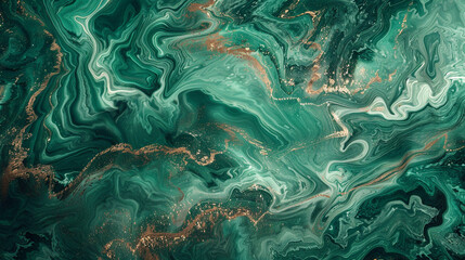 An abstract ocean scene blending deep emerald green swirls reminiscent of marble, with rich bronze powder accents, evoking a feeling of natural luxury. 