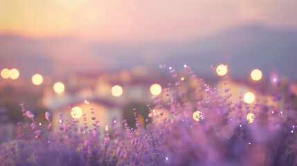 An abstract scene in lavender and cream, with defocused lights resembling the soft glow of twilight enveloping a quiet village. The atmosphere is soothing and picturesque. - obrazy, fototapety, plakaty