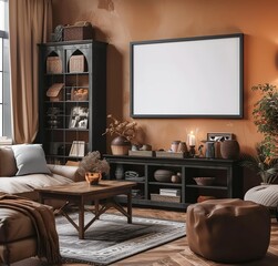Mockup frame set in living room's warm brown-colored ambiance, amidst decorative elements, 3D render. Made with generative AI technology