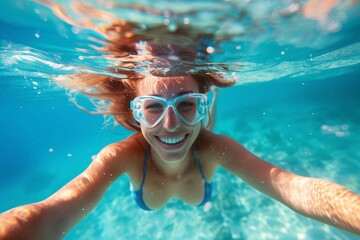 Happy girl underwater with goggles, bubbly and bright