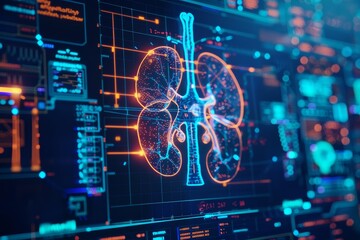 kidney testing results on digital interface on laboratory or surgical background, innovative technology in science and medicine concept. medical technology - obrazy, fototapety, plakaty