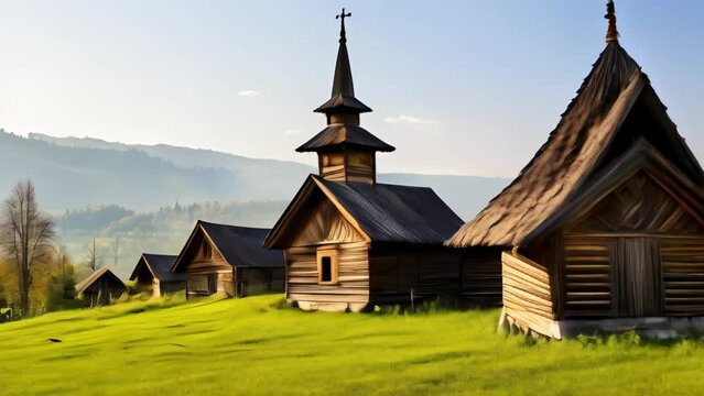  Idyllic rural church with wooden architecture and steep roofs set against a backdrop of lush green hills