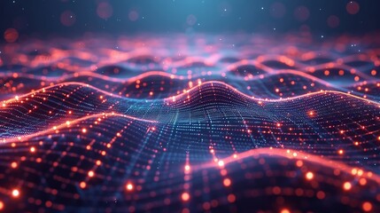 Modern innovation and network design come to life in this tranquil blue gradient backdrop, featuring a digital technology grid with neon lines and geometric patterns.