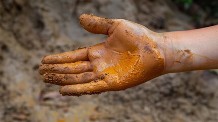 Fototapeta na wymiar A hand covered in mud.