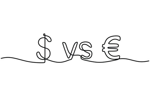 Dollar versus euro symbol in one continuous one line drawing art.