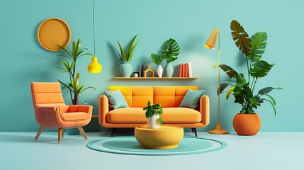 simple lightweight 3d map, which only contains models of sofas, green plants, lamps, pots and bookcases, with a light
