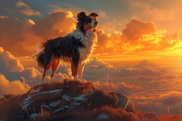 Illustrate a panoramic scene of a loyal Border Collie standing atop a cliff overlooking a vast ocean at sunset, with waves crashing below Emphasize the dogs alert posture and intelligent gaze against - obrazy, fototapety, plakaty