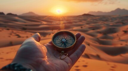 A hand holding a compass in the desert at sunset