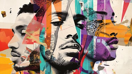 an illustration showcasing a collage of male faces adorned with an array of vibrant and trendy elements, forming a captivating puzzle-like composition. Infuse the image with dynamic colors 