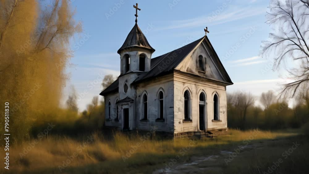 Canvas Prints  Abandoned church in the woods evoking a sense of solitude and history