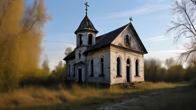  Abandoned church in the woods evoking a sense of solitude and history