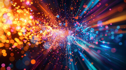 A vibrant explosion of digital particles, creating a visual metaphor for the Big Bang of the internet and the birth of the digital universe.  - obrazy, fototapety, plakaty