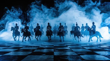 Medieval battle scene with cavalry and infantry on chessboard. Chess board game concept of business ideas and competition and strategy ideas Chess figures on a dark background with smoke and fog  