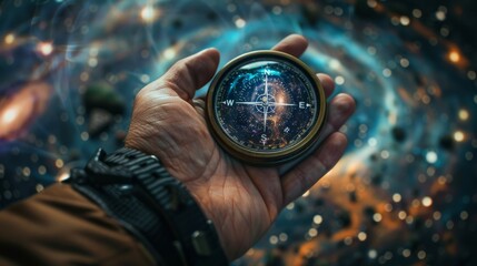 A hand holding a compass with a starry background. - obrazy, fototapety, plakaty