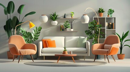 simple lightweight 3d map, which only contains models of sofas, green plants, lamps, pots and bookcases.