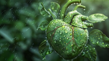 Sustainable nature conservation in agreement with nature concept with human heart of green leaves with water droplets on it. Cherish and be aware of nature. Save the nature, save the earth. 