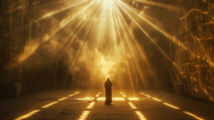 A lone figure stands in a vast, underground chamber. The chamber is bathed in a golden light, which seems to be emanating from the figure. The figure is wearing a long, flowing robe, and its head is b - obrazy, fototapety, plakaty
