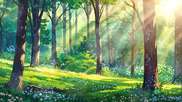 forest in the morning 4k looping video anime style