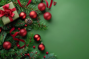 Fototapeta na wymiar Christmas decorations and gift on green background