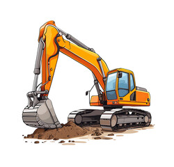 A vibrant vector graphic of a yellow hydraulic excavator with a detailed arm and tracks. Generative AI