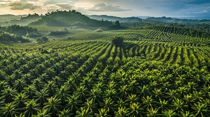 aerial view panorama of a vast oil palm plantation, emphasizing the orderly patterns of the palm trees and the contrast between the lush green of the palm leaves and the surrounding terrain.  - obrazy, fototapety, plakaty
